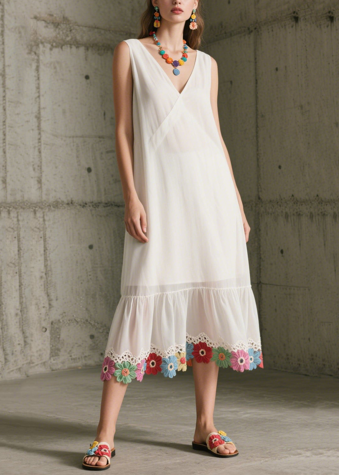 DIY White V Neck Patchwork Lace Chiffon Maxi Dresses Sleeveless