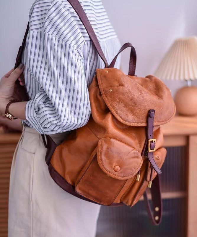 DIY Yellow Large Capacity Pockets Leather Backpack Bag