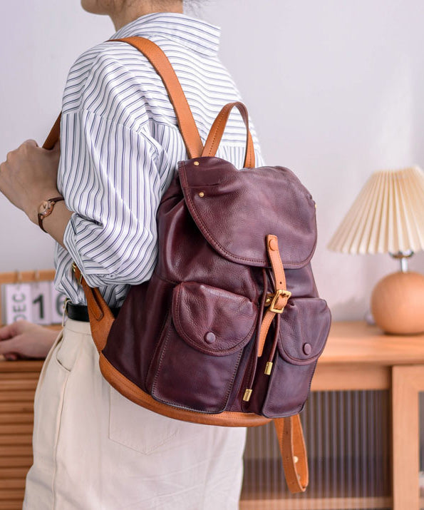 DIY Yellow Large Capacity Pockets Leather Backpack Bag