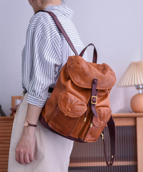 DIY Yellow Large Capacity Pockets Leather Backpack Bag