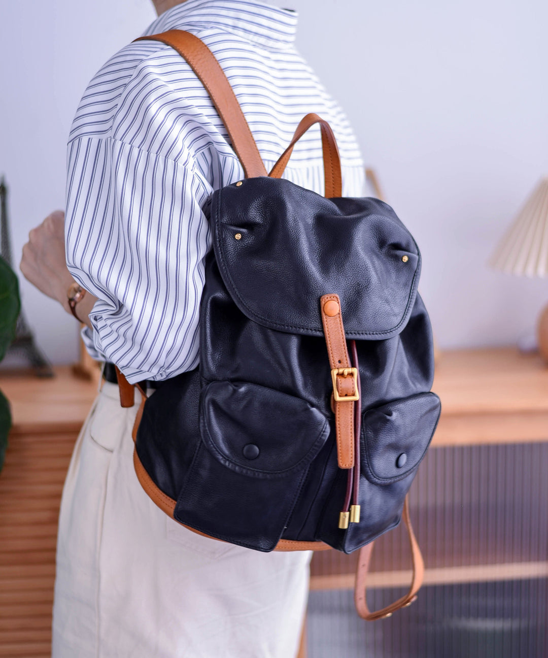 DIY Yellow Large Capacity Pockets Leather Backpack Bag