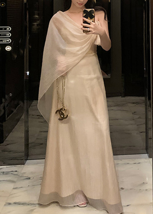 Elegant Apricot Asymmetrical Solid Silk Maxi Dresses Summer