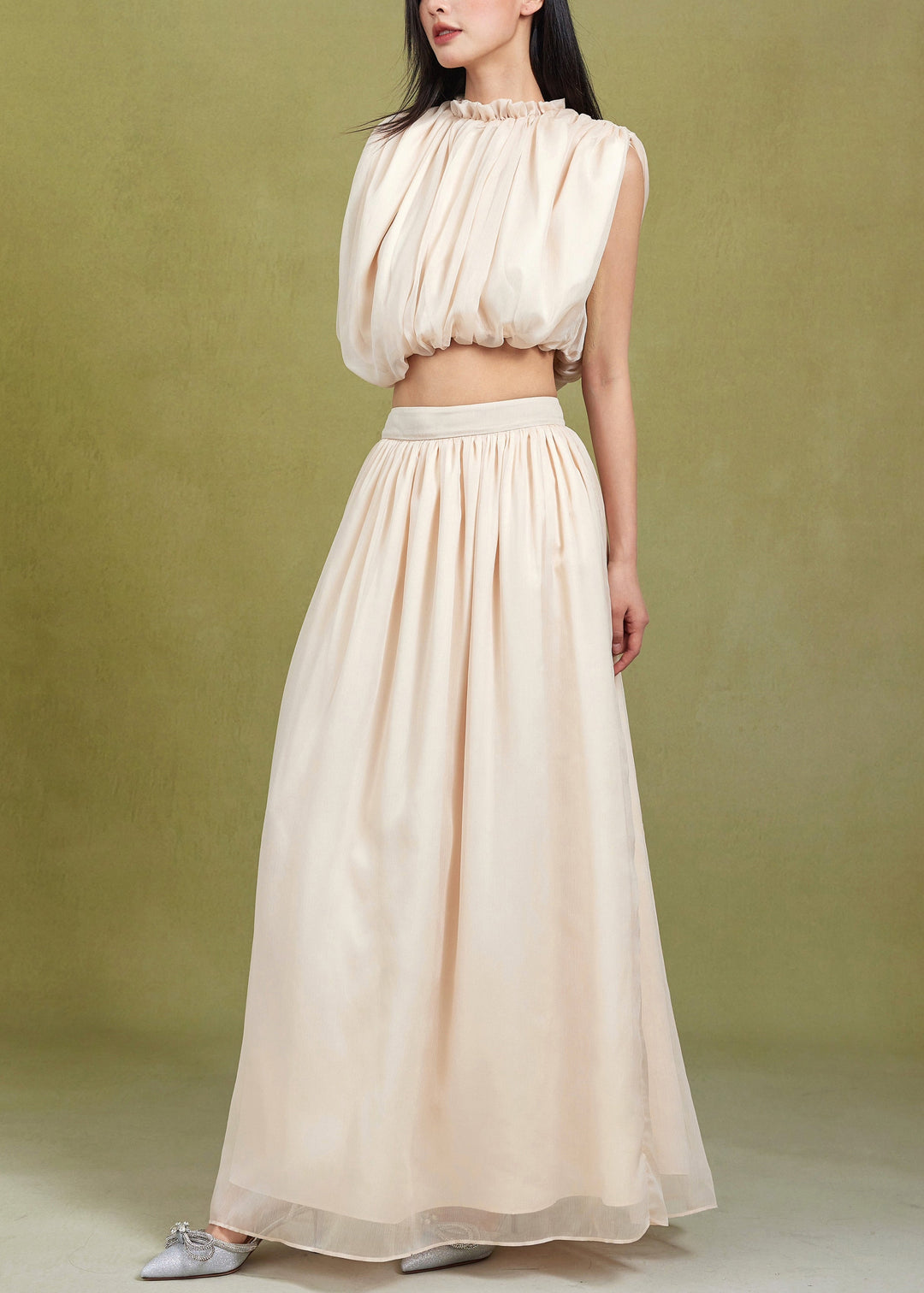 Elegant Apricot Ruffled Solid Tops And Skirts Cotton Two Pieces Set Sleeveless