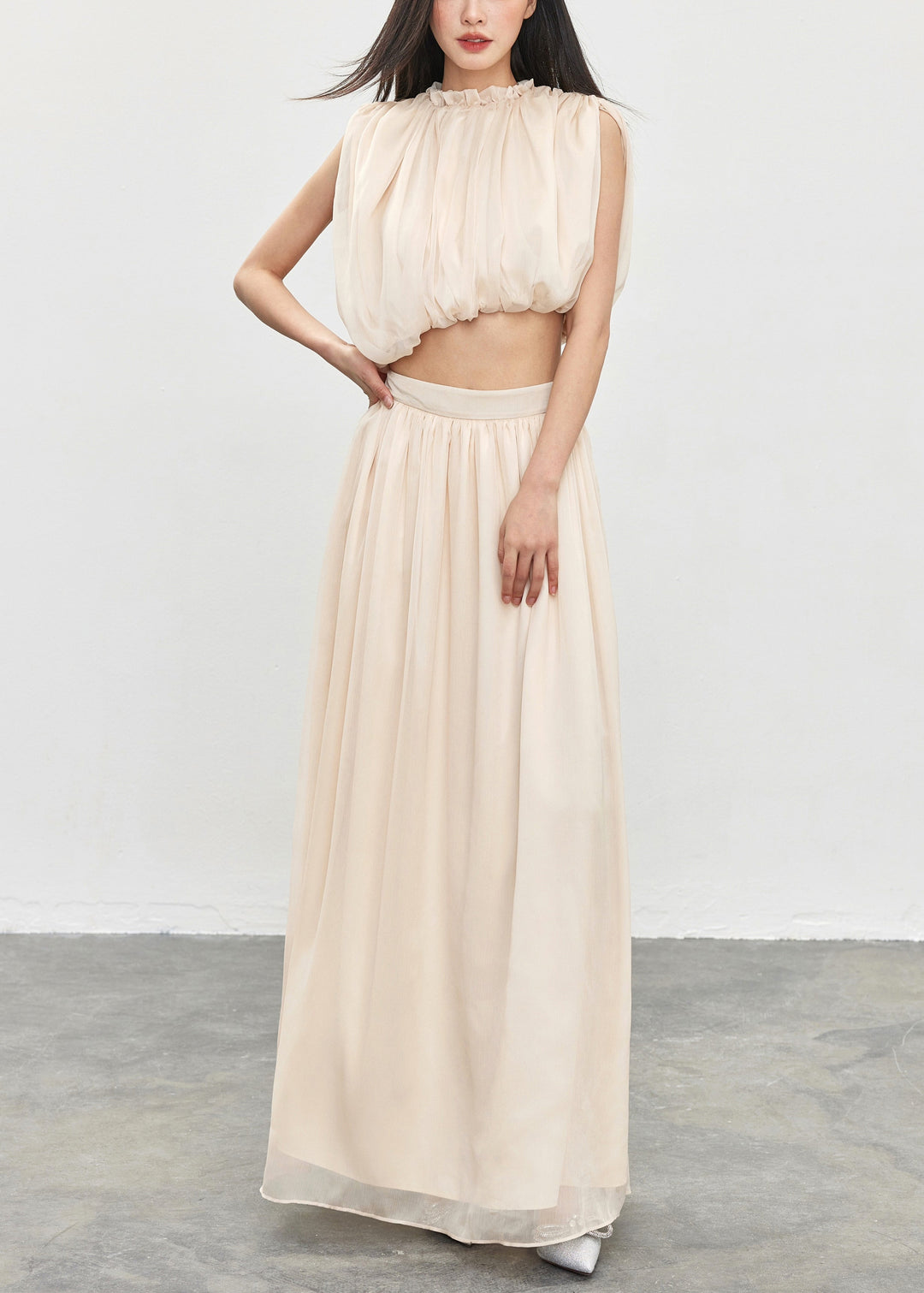 Elegant Apricot Ruffled Solid Tops And Skirts Cotton Two Pieces Set Sleeveless