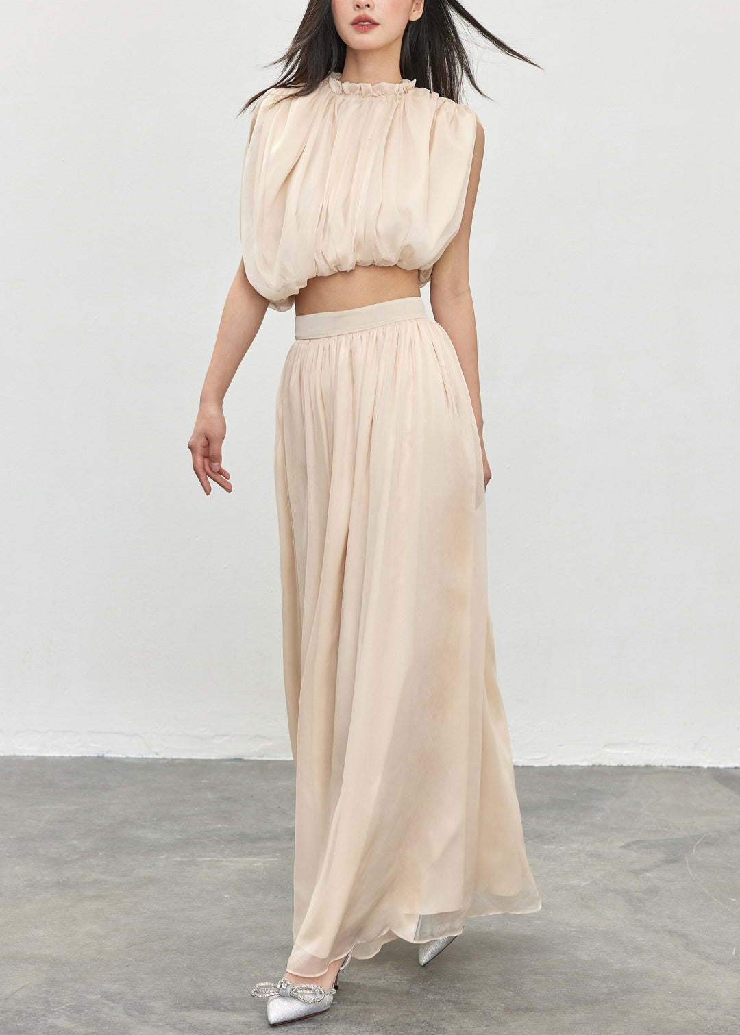 Elegant Apricot Ruffled Solid Tops And Skirts Cotton Two Pieces Set Sleeveless