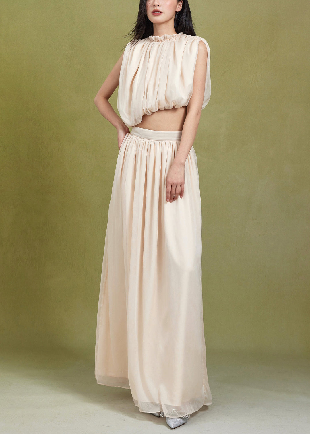 Elegant Apricot Ruffled Solid Tops And Skirts Cotton Two Pieces Set Sleeveless