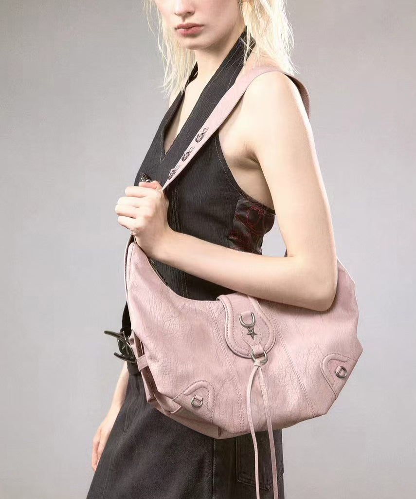 Elegant Beige Rivet Solid Durable Leather Saddle Bag