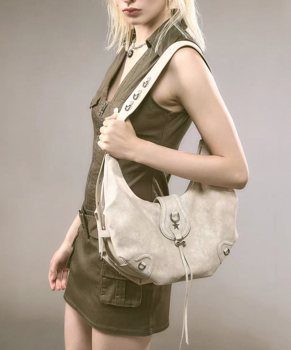 Elegant Beige Rivet Solid Durable Leather Saddle Bag