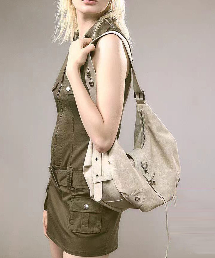 Elegant Beige Rivet Solid Durable Leather Saddle Bag