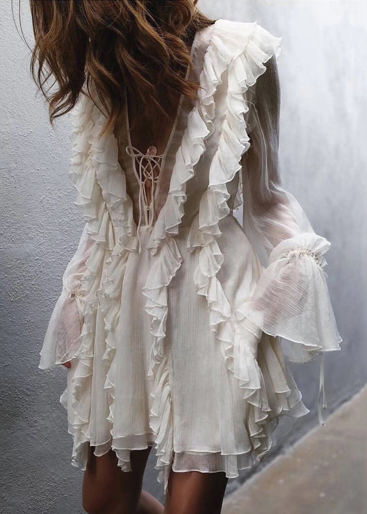 Elegant Beige Ruffled Lace Up Chiffon Mini Dresses Flare Sleeve