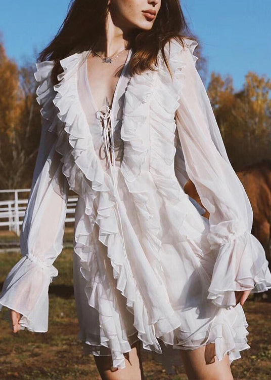 Elegant Beige Ruffled Lace Up Chiffon Mini Dresses Flare Sleeve