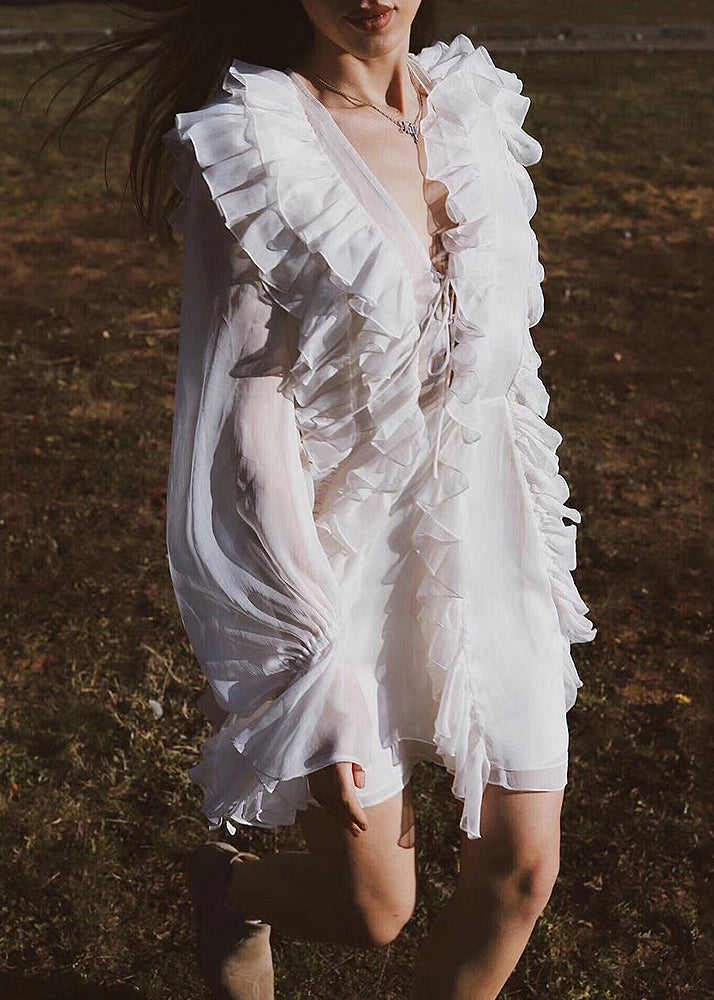 Elegant Beige Ruffled Lace Up Chiffon Mini Dresses Flare Sleeve