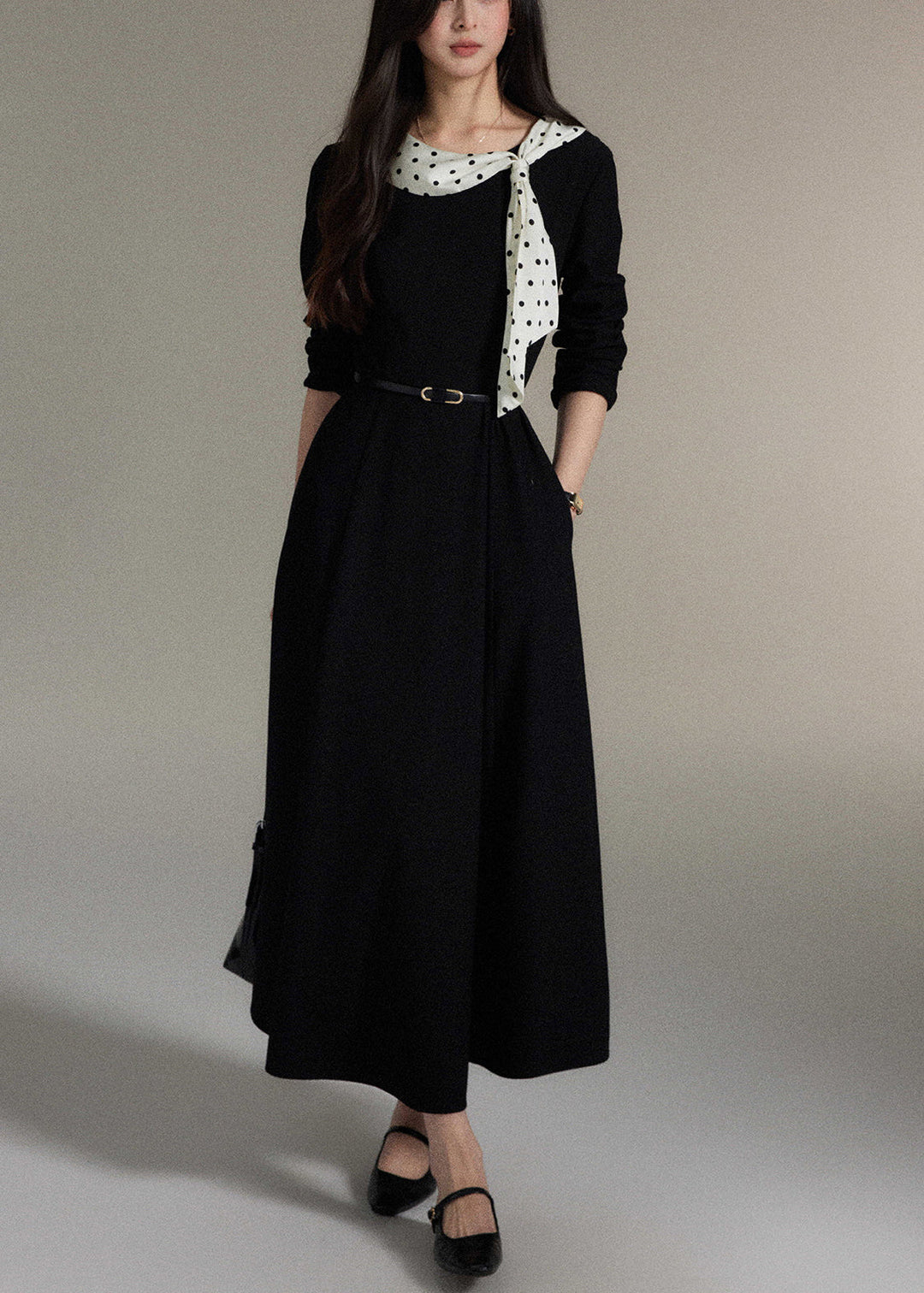 Elegant Black Bow Pockets Wool Long Dress Fall