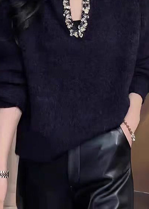 Elegant Black Peter Pan Collar Zircon Knitted Tops Fall