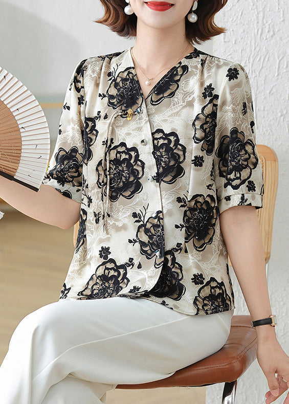 Elegant Black Tasseled Print Silk Shirts Summer
