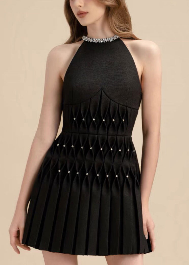 Elegant Black Zircon Pearl Cotton Pleated Dresses Sleeveless