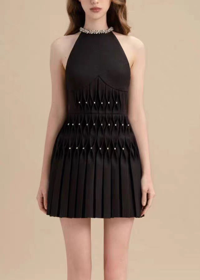 Elegant Black Zircon Pearl Cotton Pleated Dresses Sleeveless