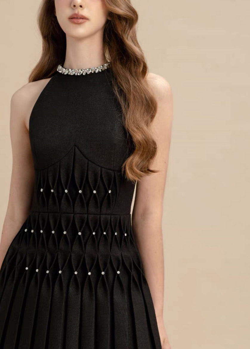 Elegant Black Zircon Pearl Cotton Pleated Dresses Sleeveless