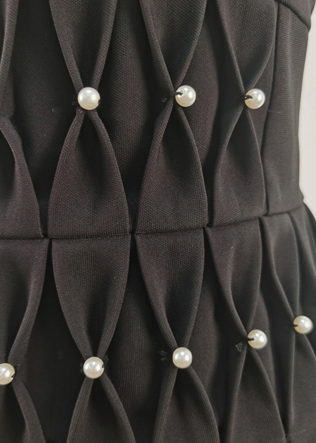 Elegant Black Zircon Pearl Cotton Pleated Dresses Sleeveless