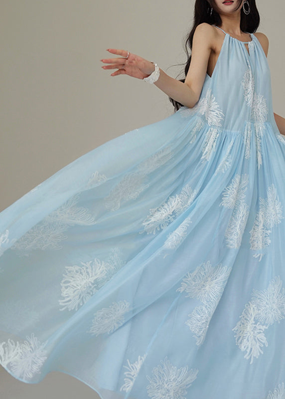 Elegant Blue Embroidered Patchwork Silk Maxi Dress Sleeveless