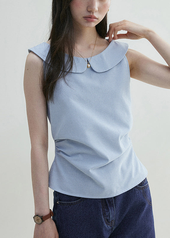 Elegant Blue Peter Pan Collar Plaid Cotton Shirt Sleeveless