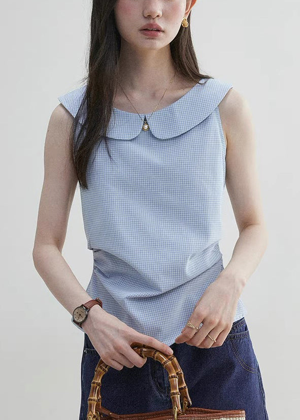 Elegant Blue Peter Pan Collar Plaid Cotton Shirt Sleeveless