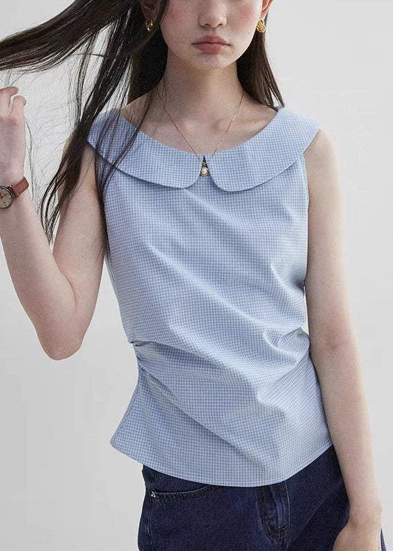 Elegant Blue Peter Pan Collar Plaid Cotton Shirt Sleeveless