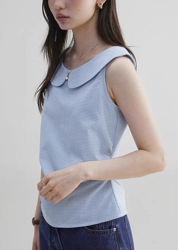 Elegant Blue Peter Pan Collar Plaid Cotton Shirt Sleeveless