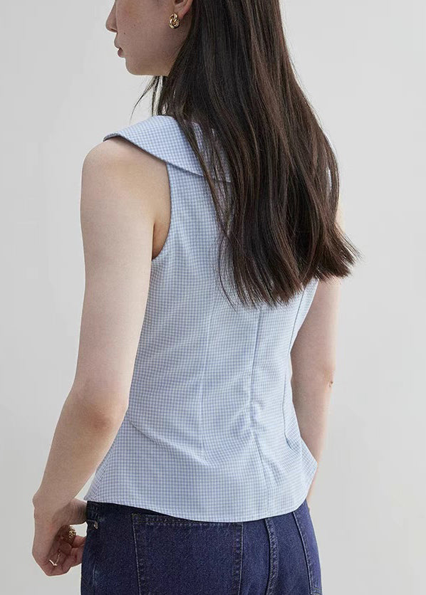 Elegant Blue Peter Pan Collar Plaid Cotton Shirt Sleeveless