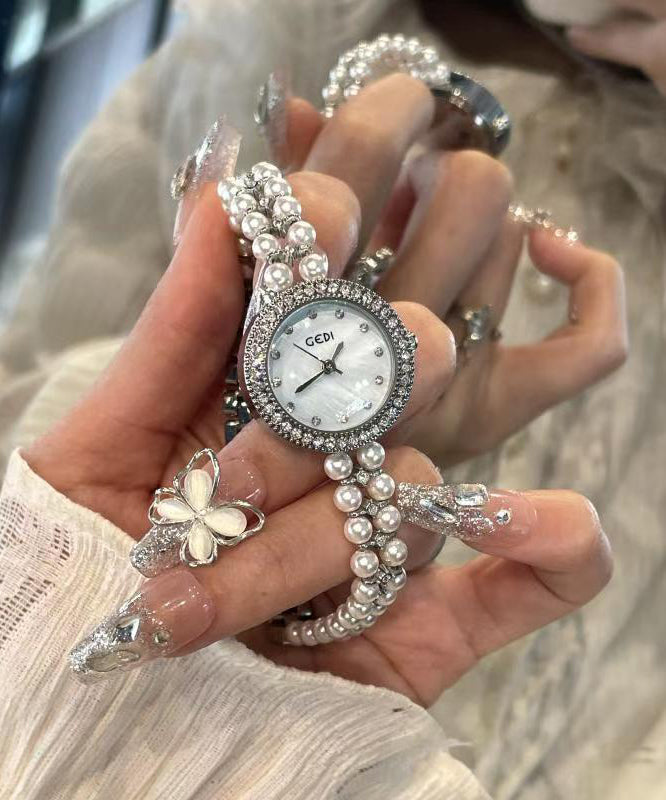 Elegant Blue Stainless Steel Pearl Reinforced Glass Quartz Movement Watches