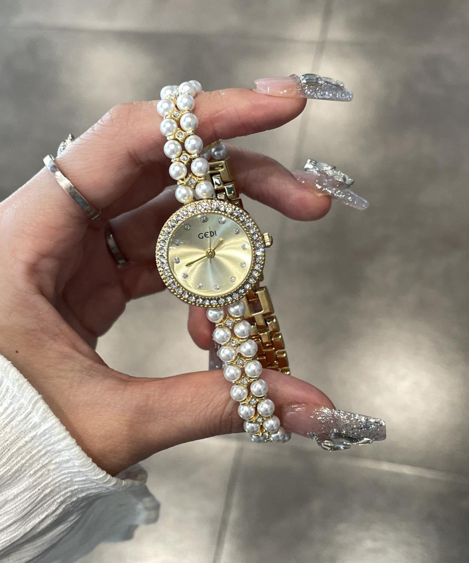 Elegant Blue Stainless Steel Pearl Reinforced Glass Quartz Movement Watches