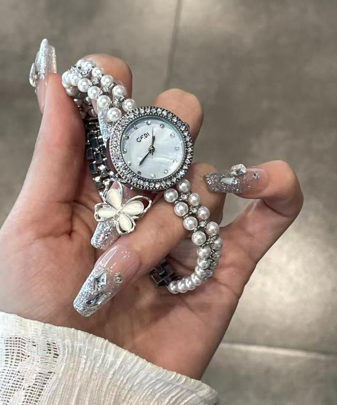 Elegant Blue Stainless Steel Pearl Reinforced Glass Quartz Movement Watches