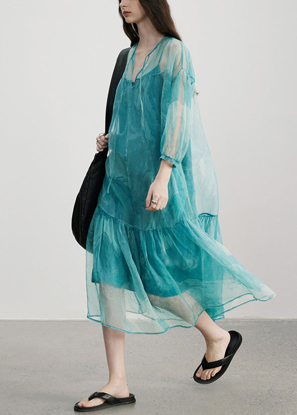 Elegant Blue V Neck Wrinkled Patchwork Silk Dress Summer