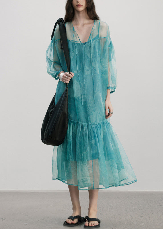 Elegant Blue V Neck Wrinkled Patchwork Silk Dress Summer