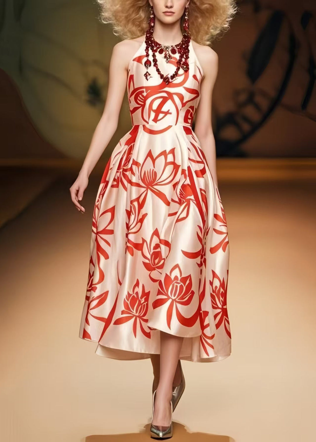 Elegant Champagne Print Silk Party Dresses Summer