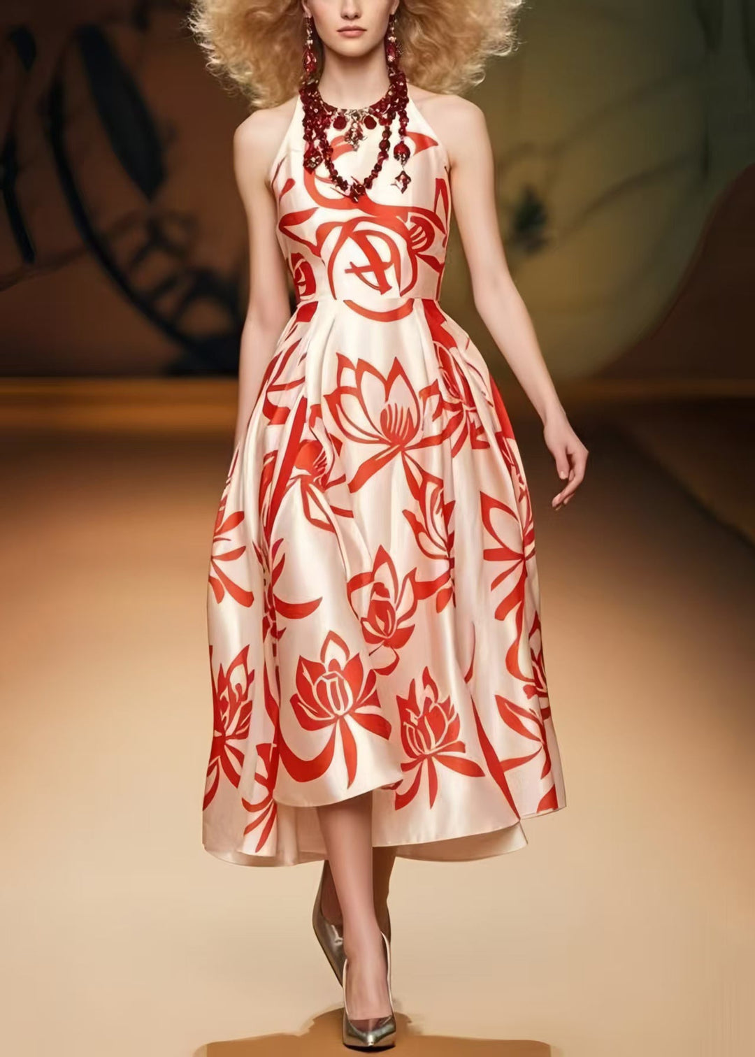 Elegant Champagne Print Silk Party Dresses Summer