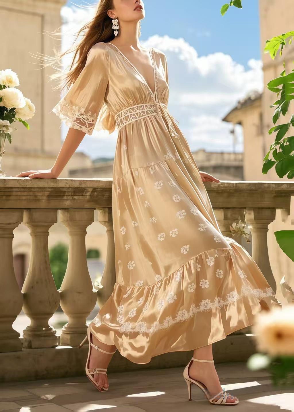 Elegant Champagne V Neck Print Silk Long Dress Summer