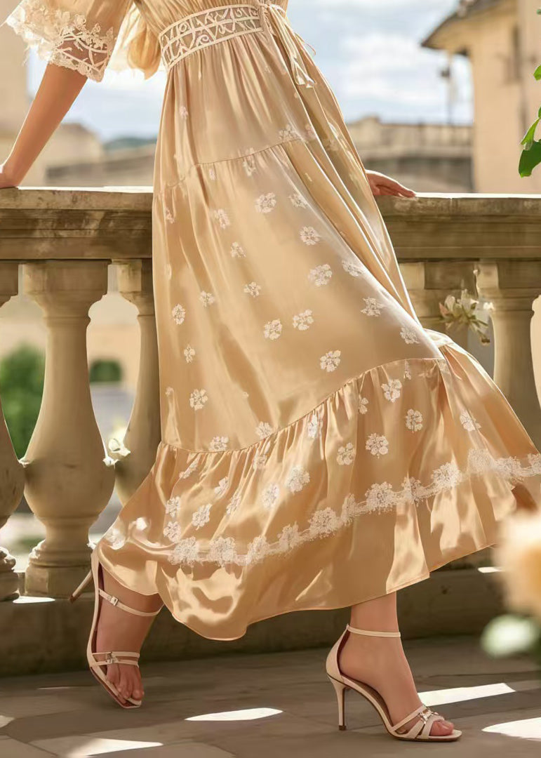 Elegant Champagne V Neck Print Silk Long Dress Summer
