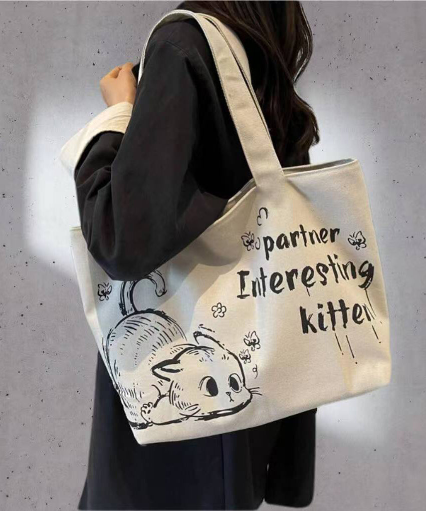 Elegant Character Print Large Capacity Canvas Satchel Handbag