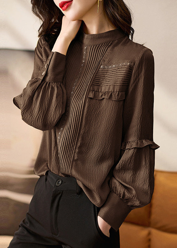 Elegant Chocolate Ruffled Patchwork Silk Shirt Tops Spring