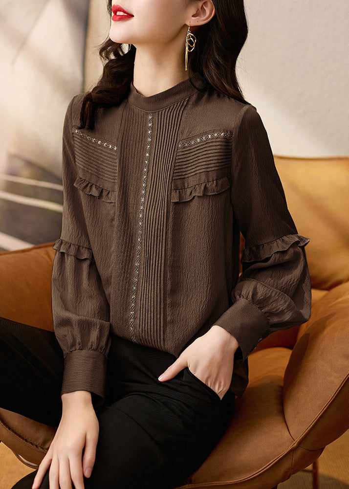 Elegant Chocolate Ruffled Patchwork Silk Shirt Tops Spring