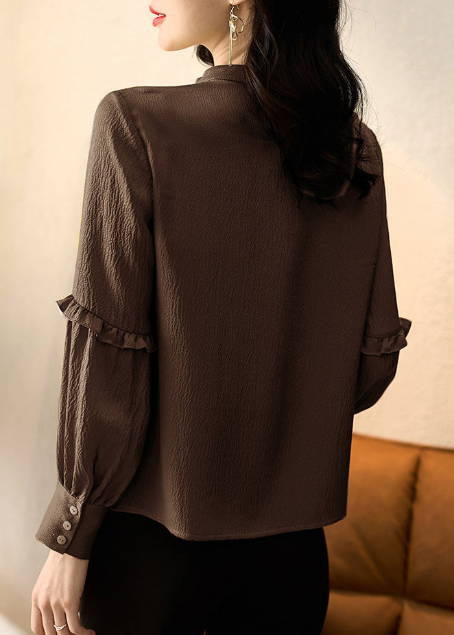 Elegant Chocolate Ruffled Patchwork Silk Shirt Tops Spring