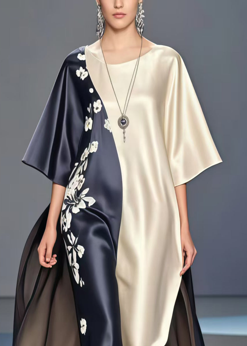 Elegant Colorblock Print Exra Large Hem Silk Long Dresses Summer