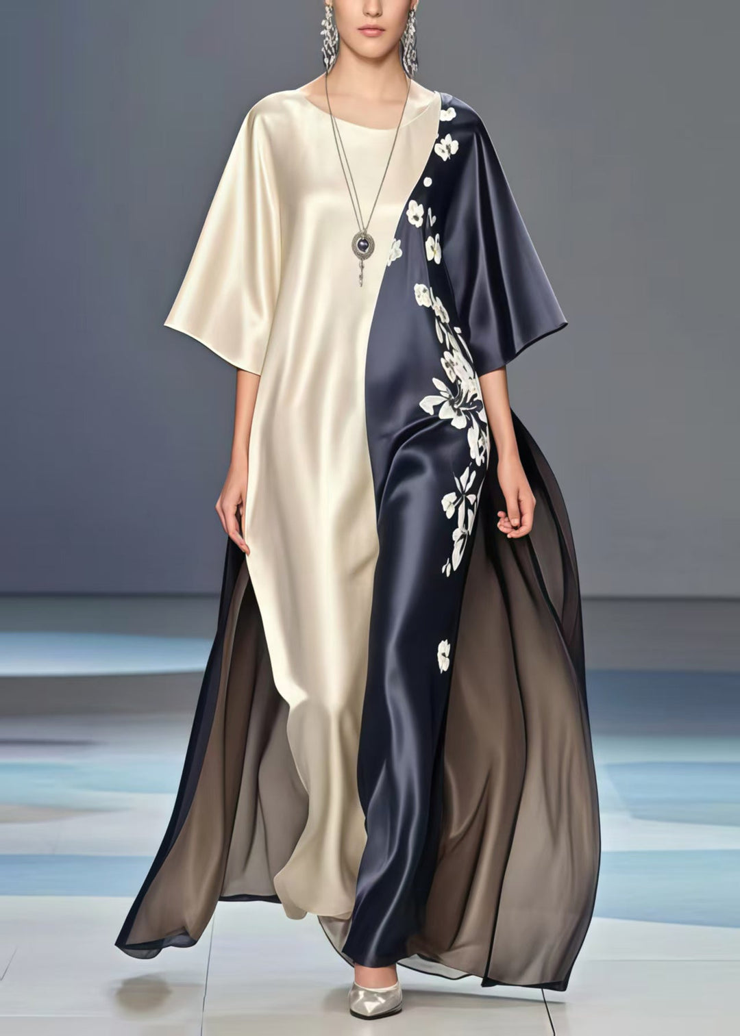 Elegant Colorblock Print Exra Large Hem Silk Long Dresses Summer