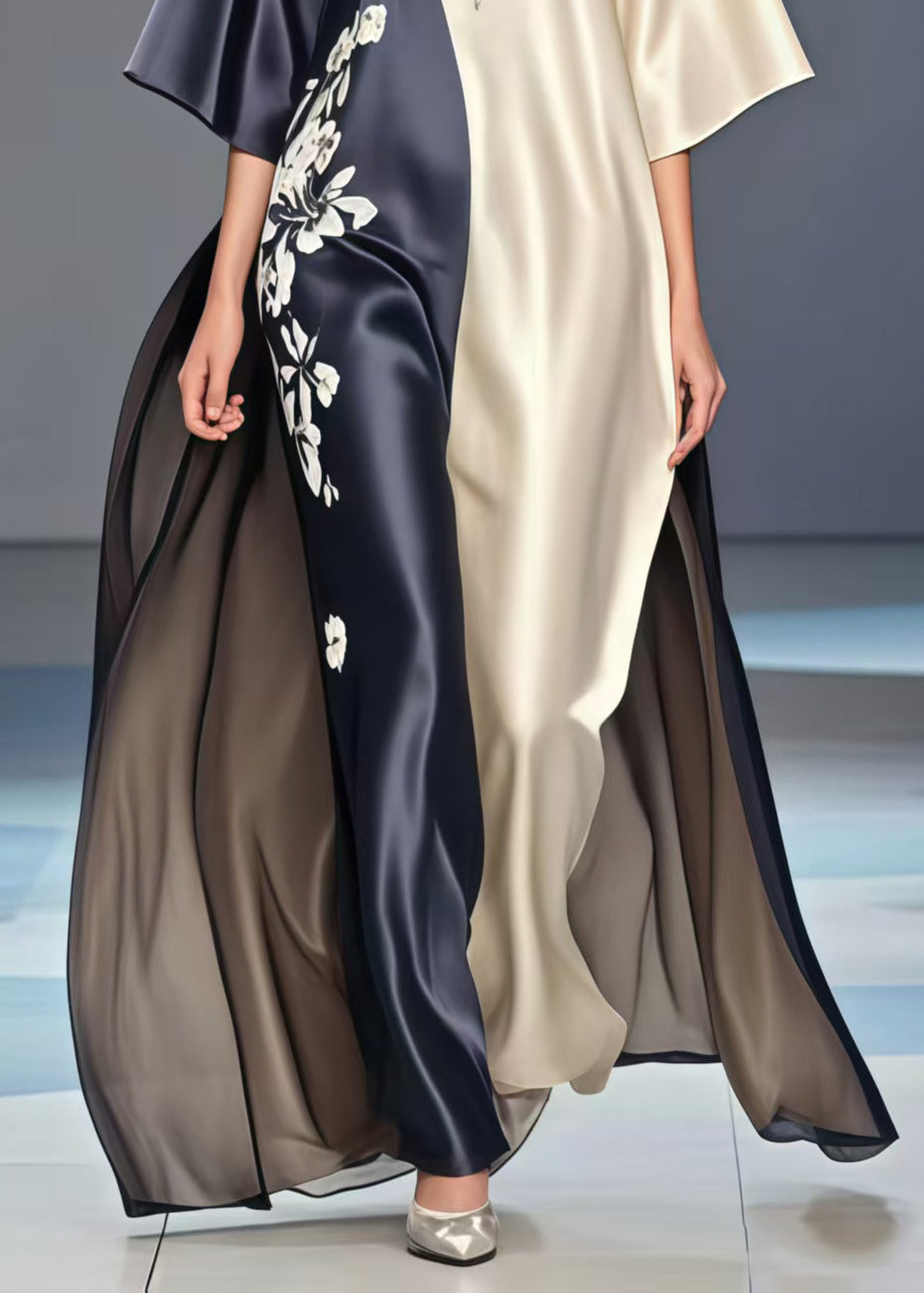 Elegant Colorblock Print Exra Large Hem Silk Long Dresses Summer