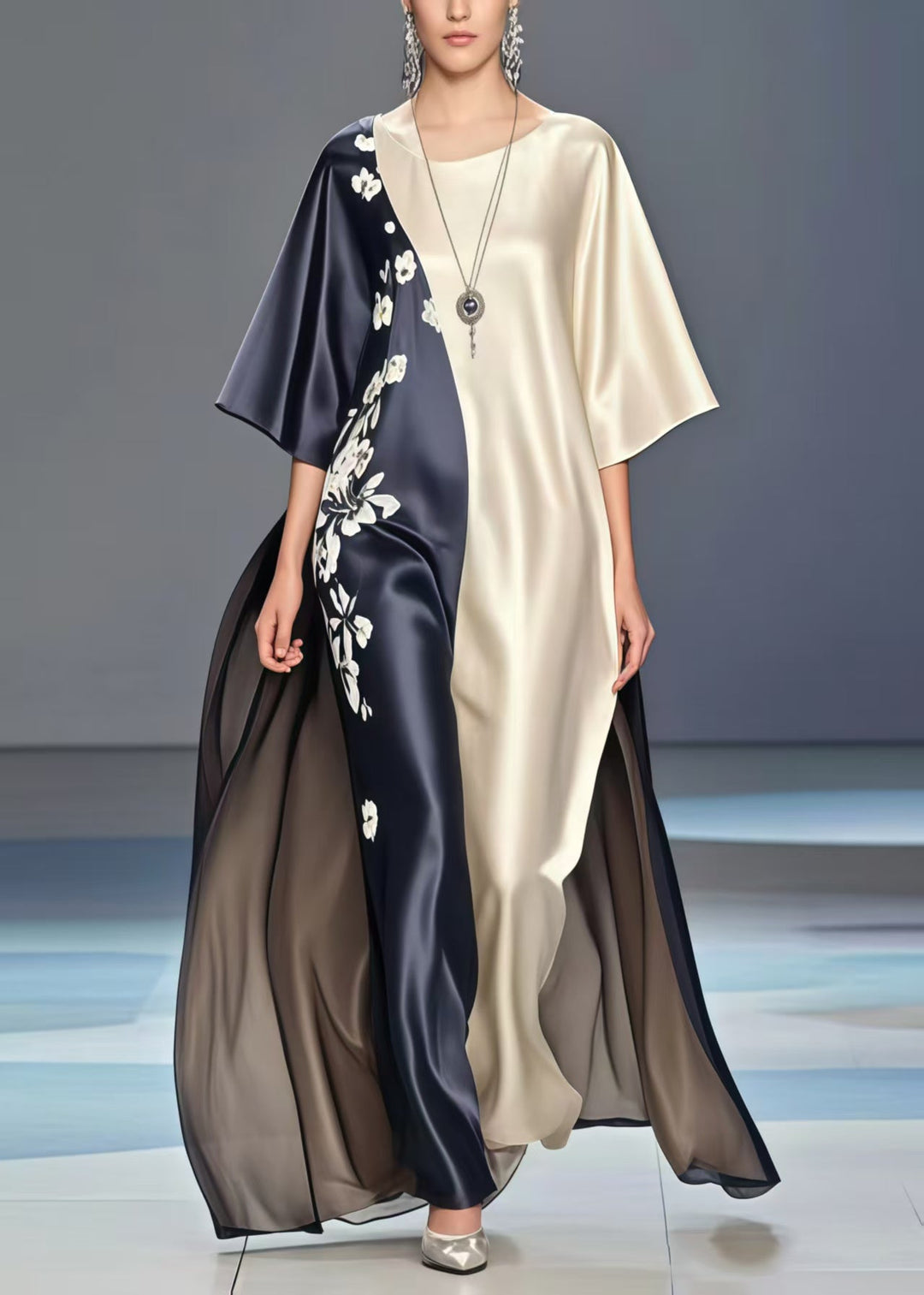 Elegant Colorblock Print Exra Large Hem Silk Long Dresses Summer