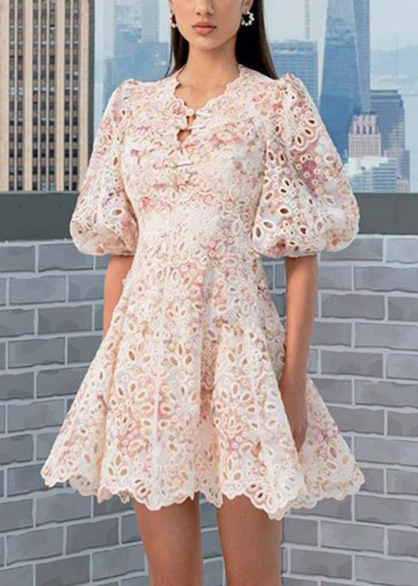 Elegant Embroidered Hollow Out Cotton Mid Dress Puff Sleeve