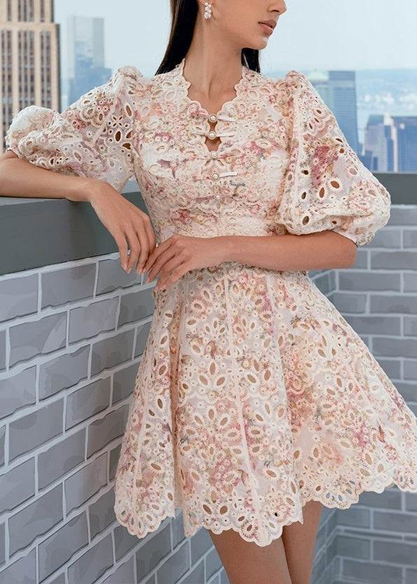 Elegant Embroidered Hollow Out Cotton Mid Dress Puff Sleeve