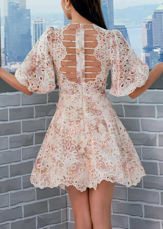 Elegant Embroidered Hollow Out Cotton Mid Dress Puff Sleeve