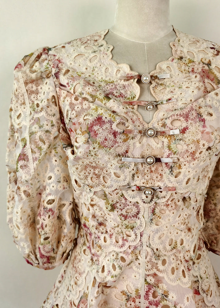 Elegant Embroidered Hollow Out Cotton Mid Dress Puff Sleeve